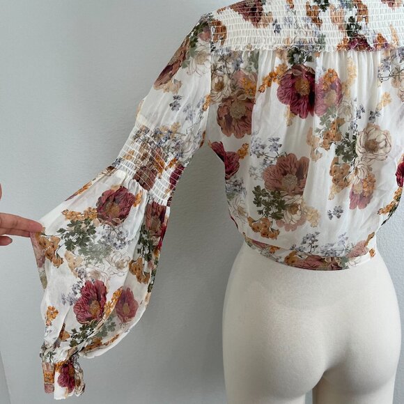 NICHOLAS Womens 2 Sheer Ivory Floral Print Smocked Top Long Sleeve Blouse Shirt - Picture 13 of 16